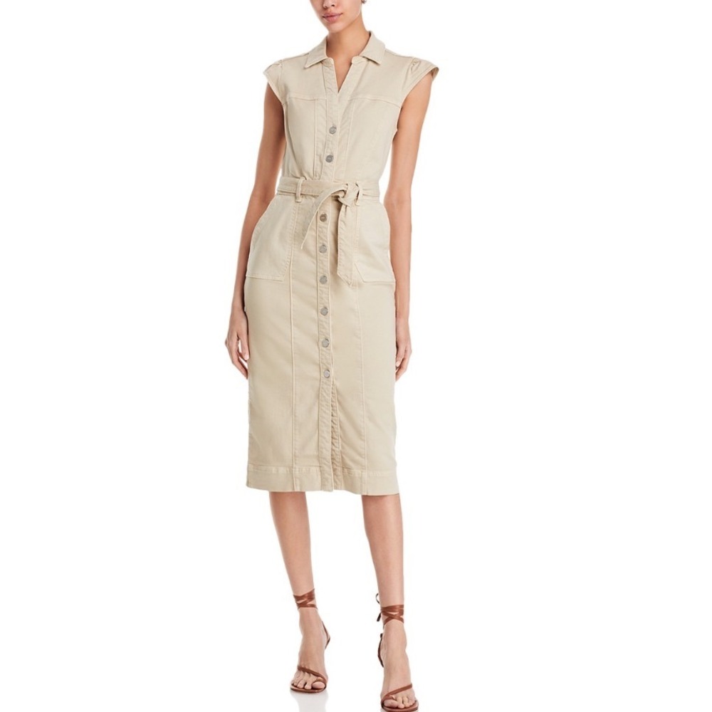 Paige Jaxsyn Midi Dress Vintage Warm Sand Tan Denim‎ Button Front Size 14 NEW